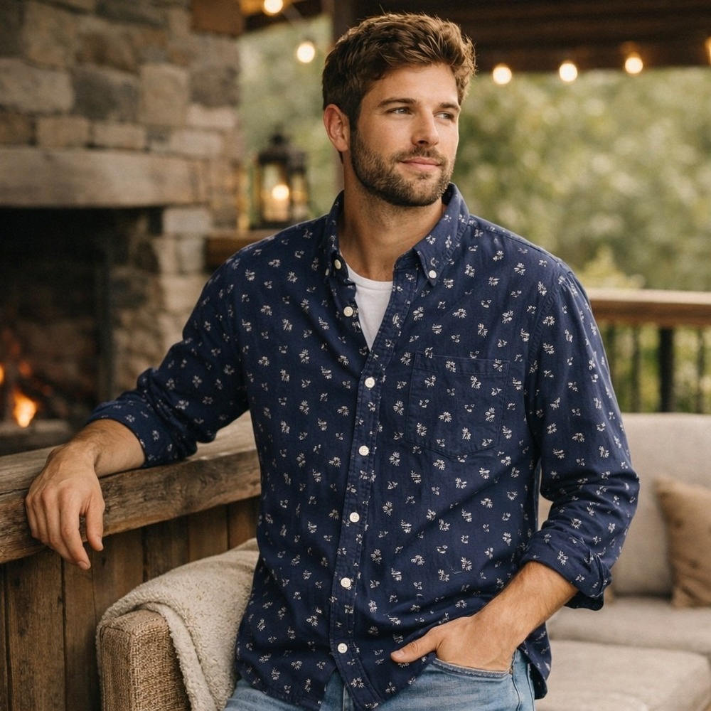 American Eagle Men's Navy Patterned Button‑Up Shirt XL Casual Everyday Style